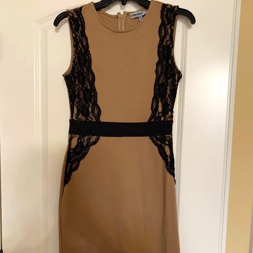 Tan Fitted Dress With Black Lace